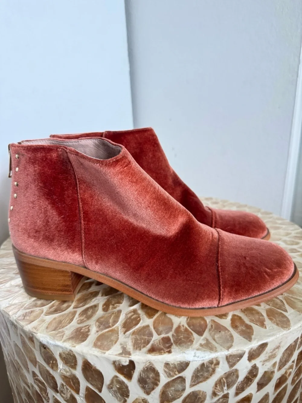New Anthropologie Rust Orange Rounded Toe Velvet Ankle Boots size 7.5 M